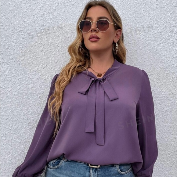 SHEIN LUNE mauve purple Plus size (4X)  Tie Neck Puff Sleeve Blouse - Picture 3 of 5